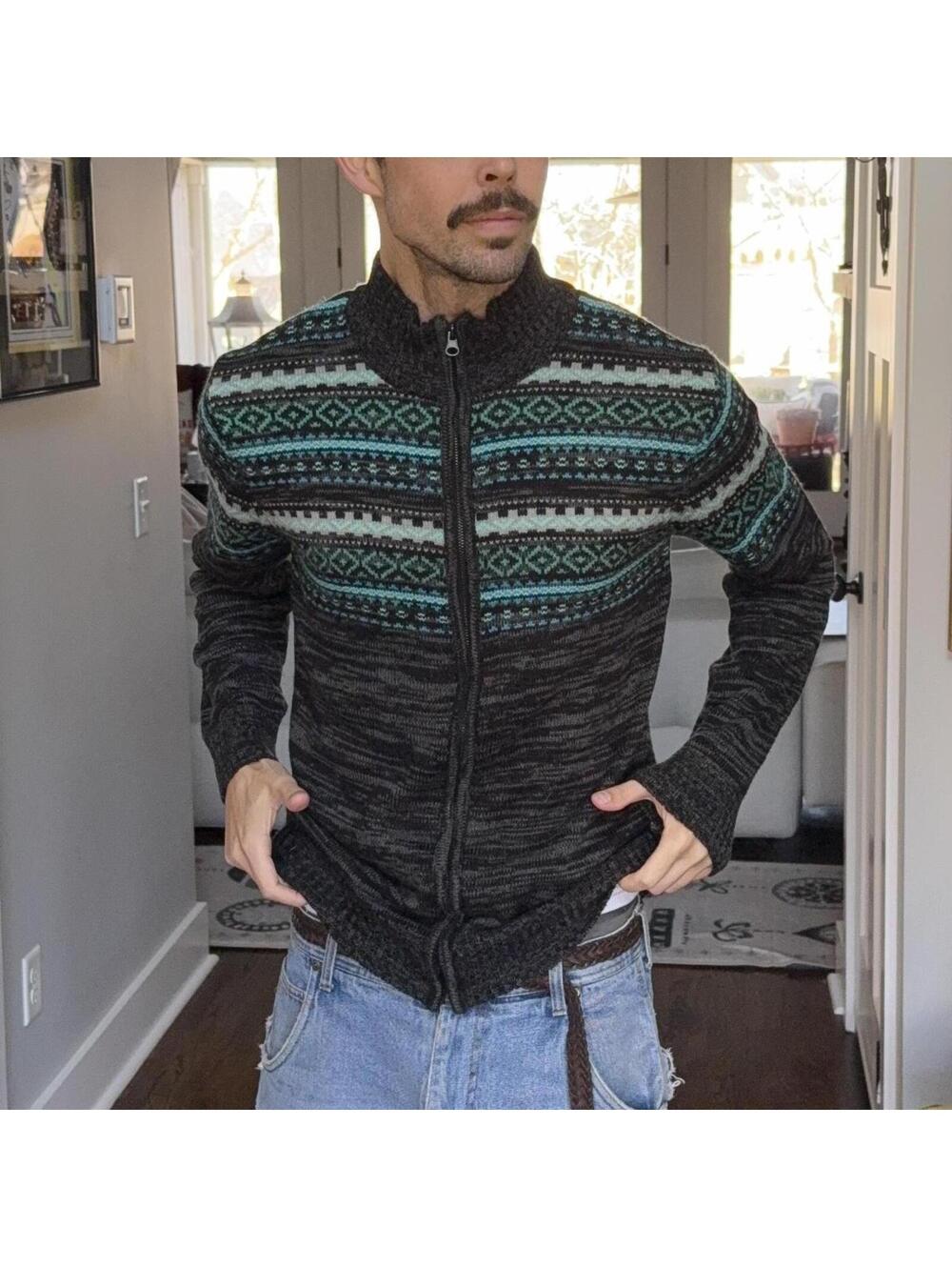🧥 Carbon Fair Isle Zip-Up Knit Sweater — Fits S/M
